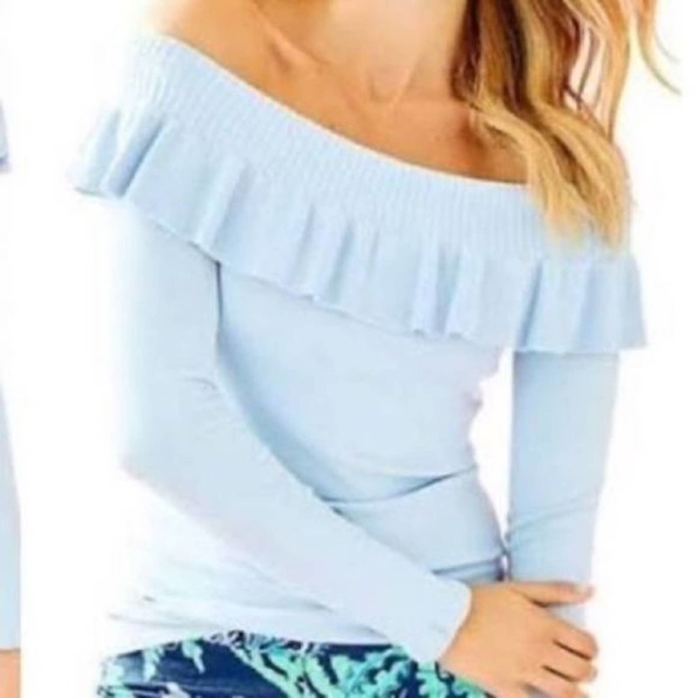 Lilly Pulitzer Light Blue Off-Shoulder Ruffle Sweater
